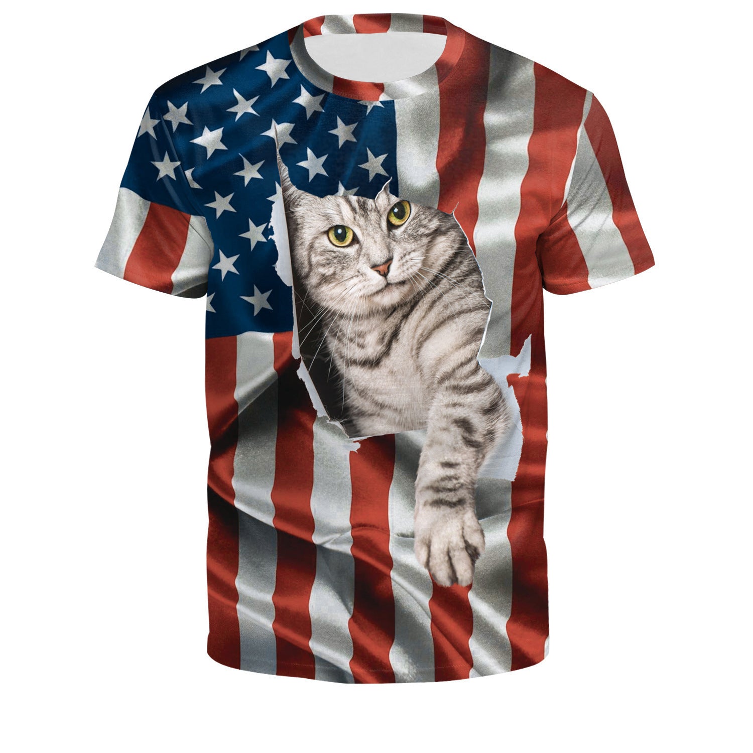Wholesale American Independence Day Flag 3D Digital Printing Round Neck Casual T-Shirt